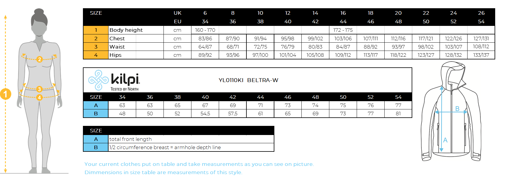 Veste softshell femme Kilpi BELTRA-W – Size chart