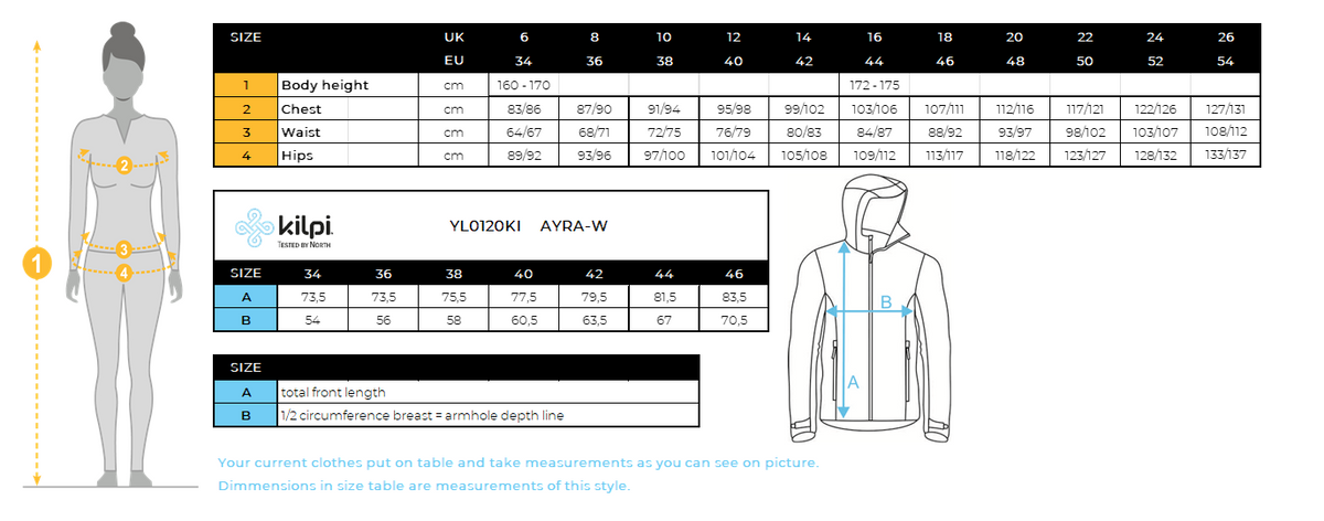 Manteau d'extérieur femme Kilpi AYRA-W – Size chart
