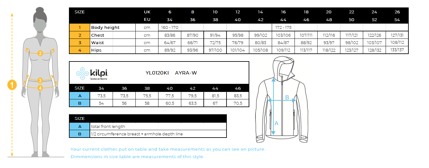Manteau d'extérieur femme Kilpi AYRA-W – Size chart