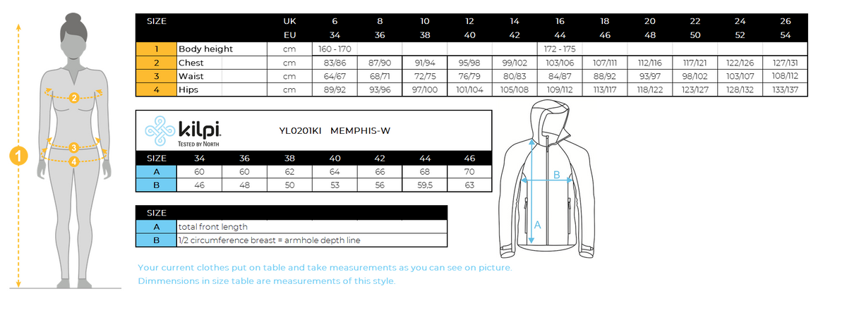 Sweat-shirt fonctionnel pour femmes Kilpi MEMPHIS-W – Size chart