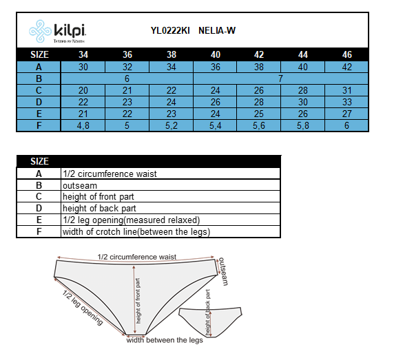 Culotte femme Kilpi 2P NELIA-W – Size chart