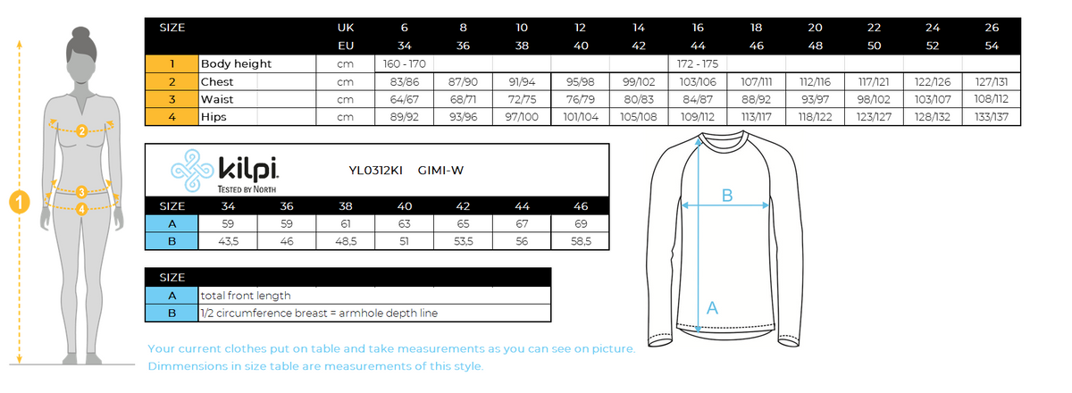 T-shirt technique manches longues femme Kilpi GIMI-W – Size chart