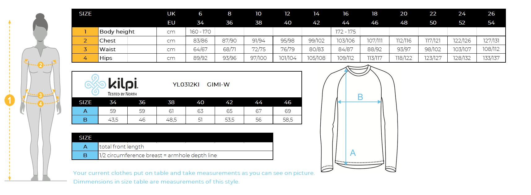 T-shirt technique manches longues femme Kilpi GIMI-W – Size chart