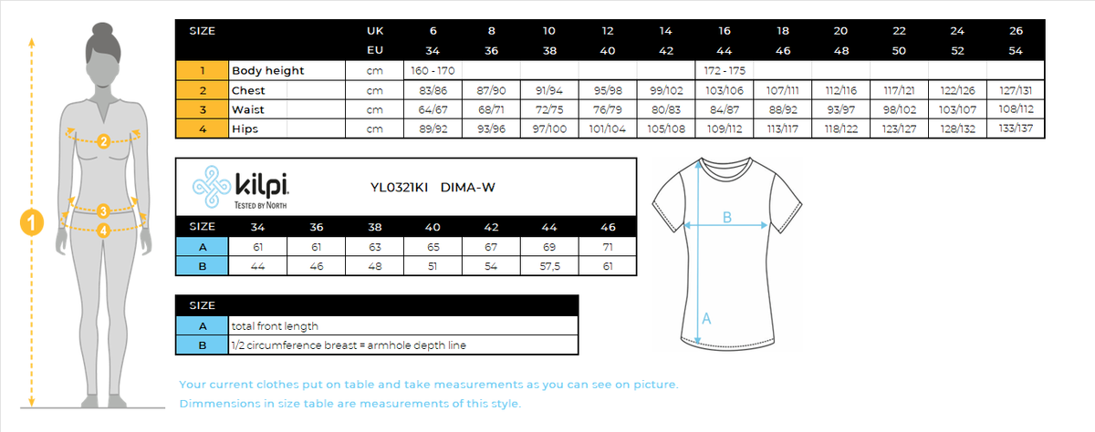 T-shirt fonctionnel femme Kilpi DIMA-W – Size chart