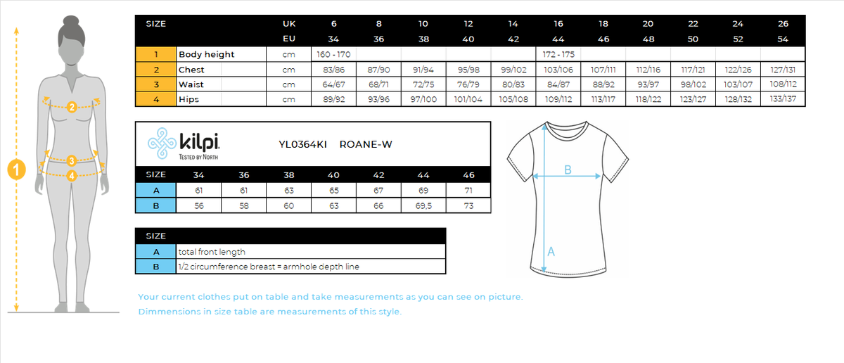 T-shirt en coton femme roane w Kilpi ROANE-W – Size chart