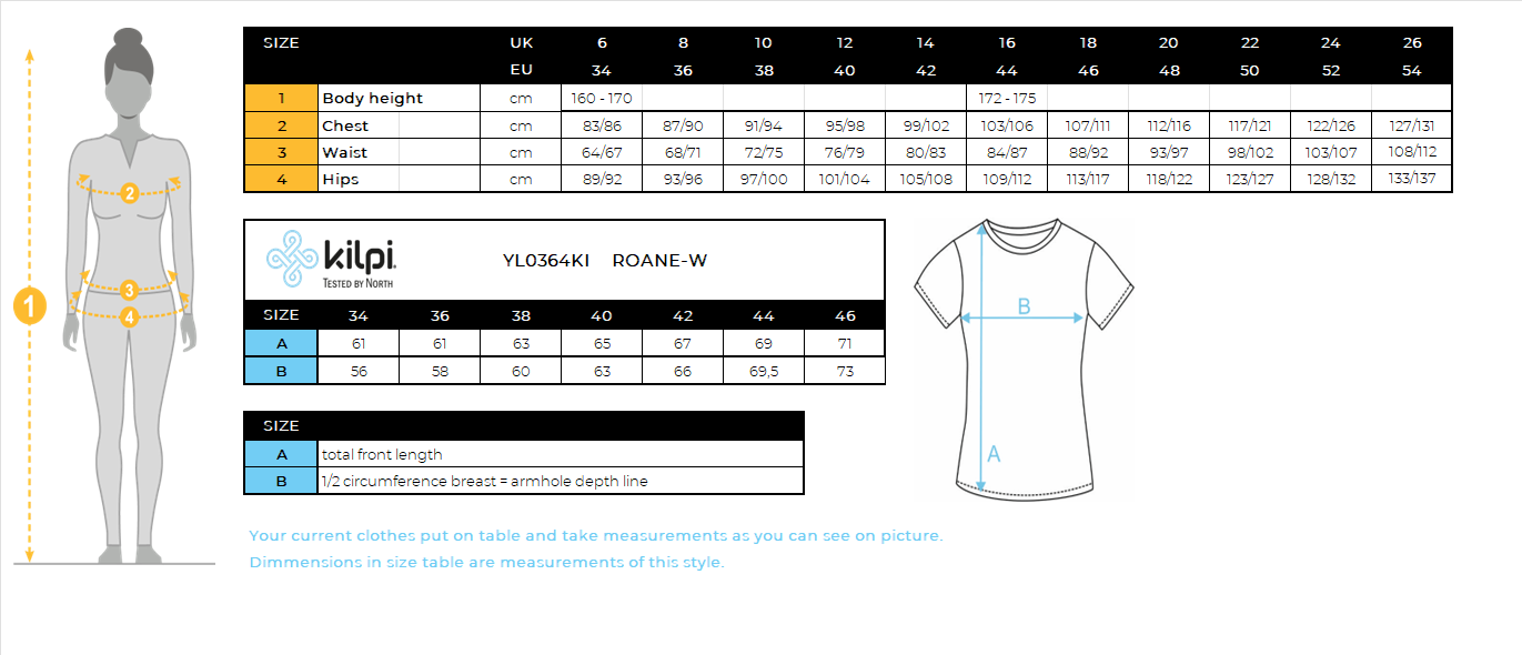 T-shirt en coton femme roane w Kilpi ROANE-W – Size chart
