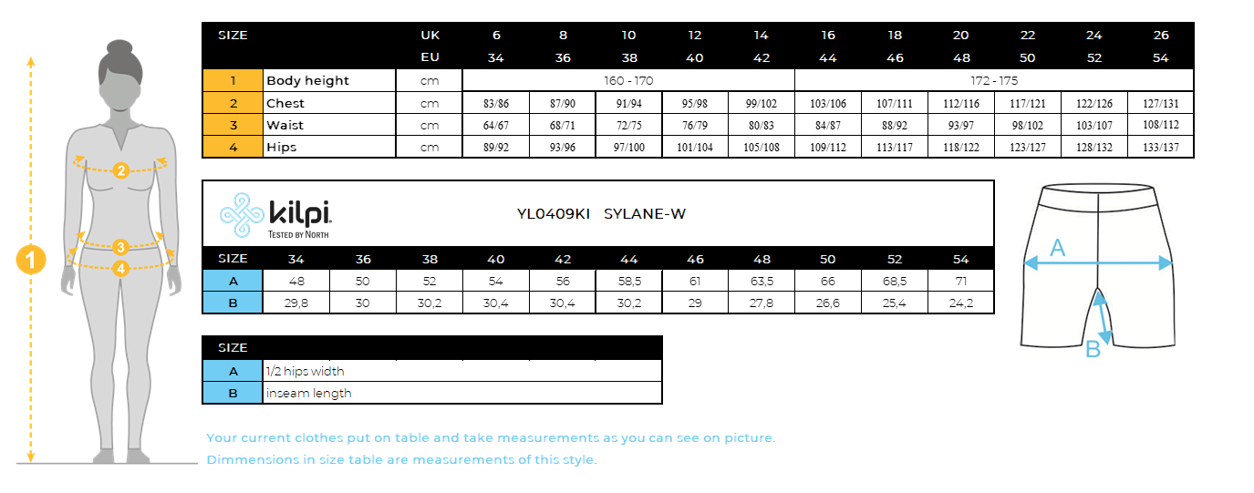 Short outdoor femme Kilpi SYLANE-W – Size chart