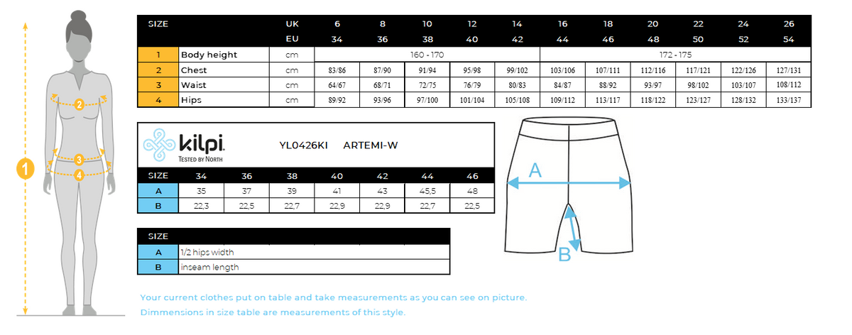 Short femme Kilpi ARTEMI-W – Size chart