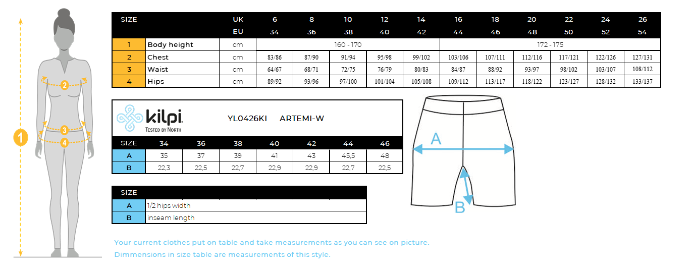 Short femme Kilpi ARTEMI-W – Size chart
