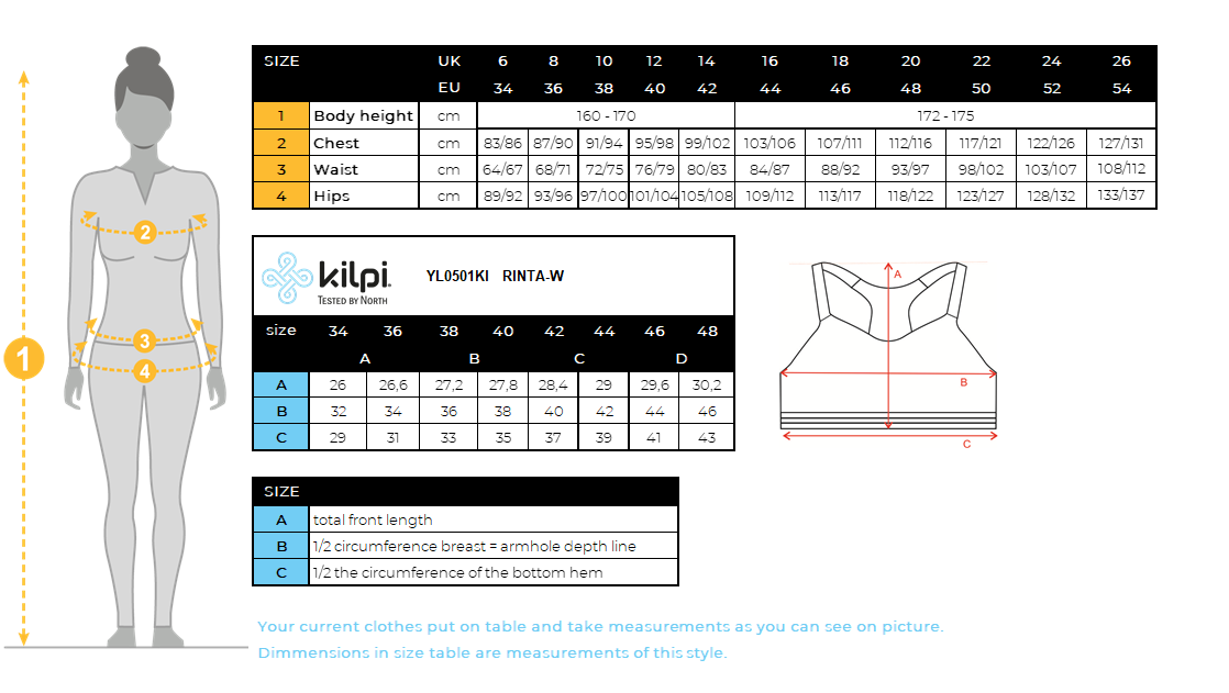 Brassière de sport femme Kilpi RINTA-W – Size chart