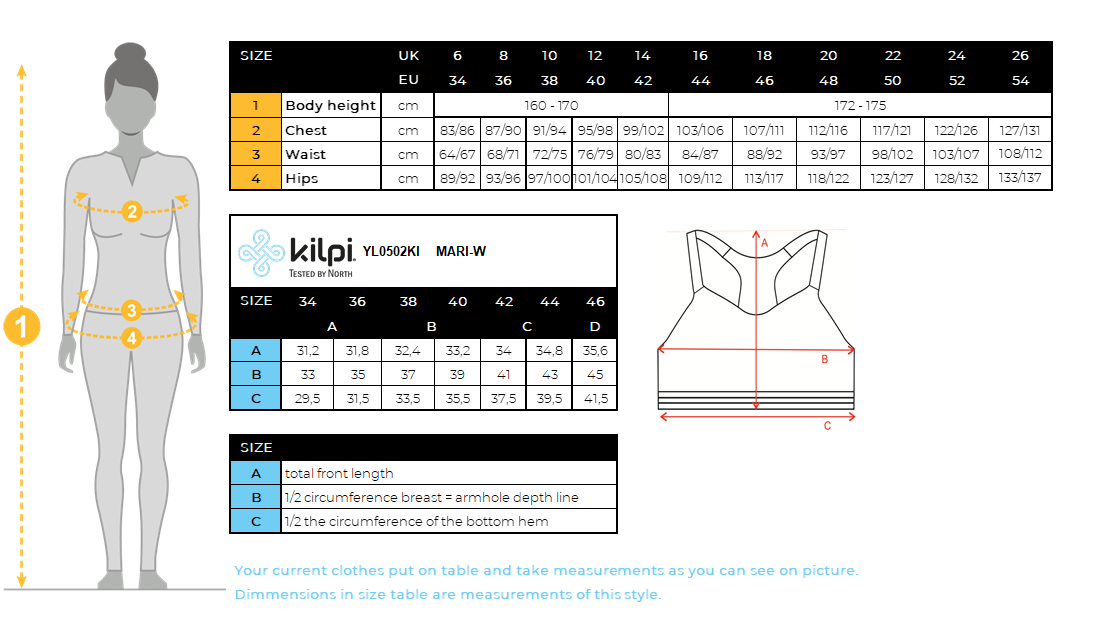 Brassière de sport femme Kilpi MARI-W – Size chart
