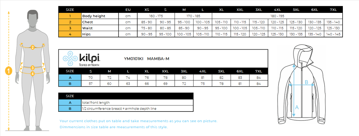 Veste hardshell imperméable homme Kilpi MAMBA-M – Size chart