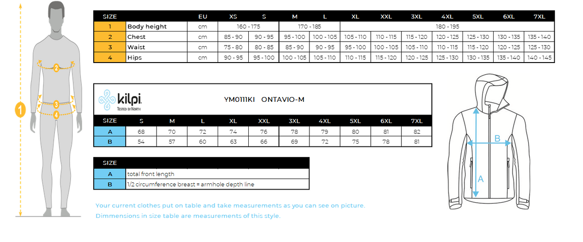 Veste softshell homme Kilpi ONTAVIO-M – Size chart