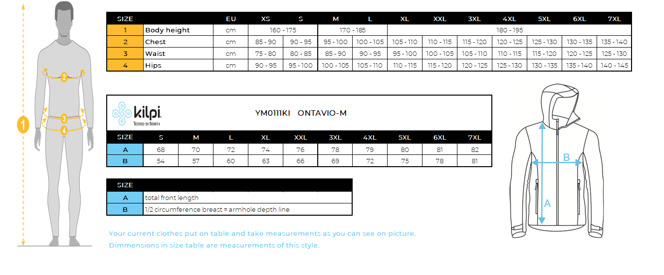 Veste softshell homme Kilpi ONTAVIO-M – Size chart