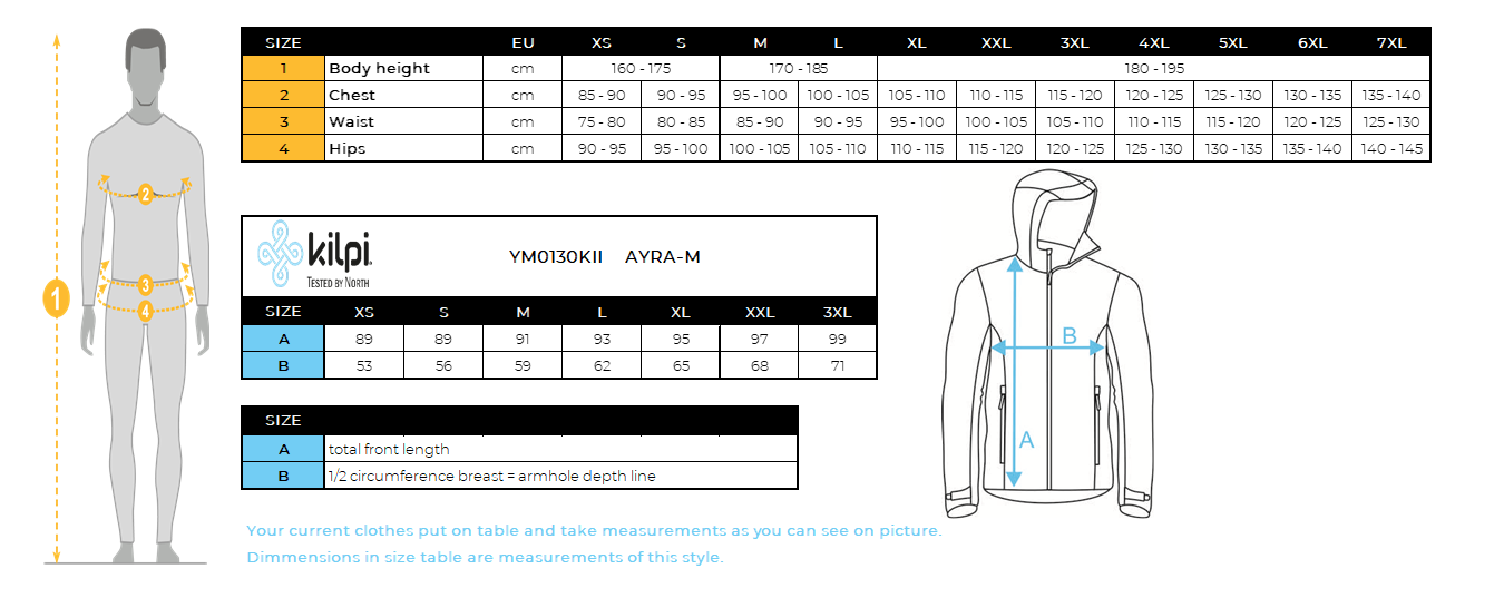 Manteau outdoor homme Kilpi AYRA-M – Size chart