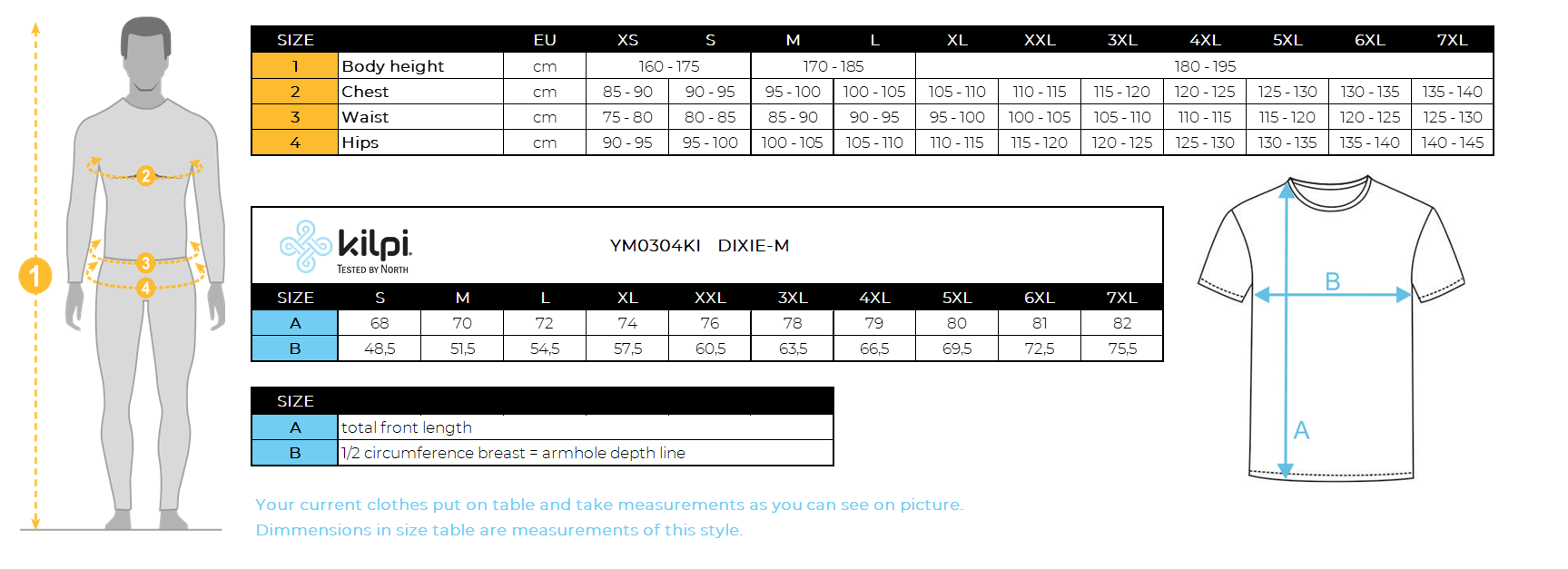 T-shirt fonctionnel homme Kilpi DIXIE-M – Size chart