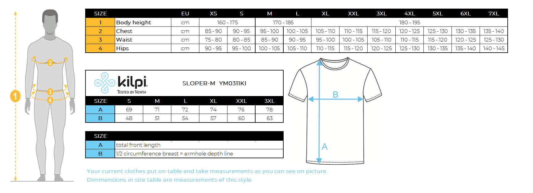T-shirt en laine mérinos pour hommes Kilpi SLOPER-M – Size chart