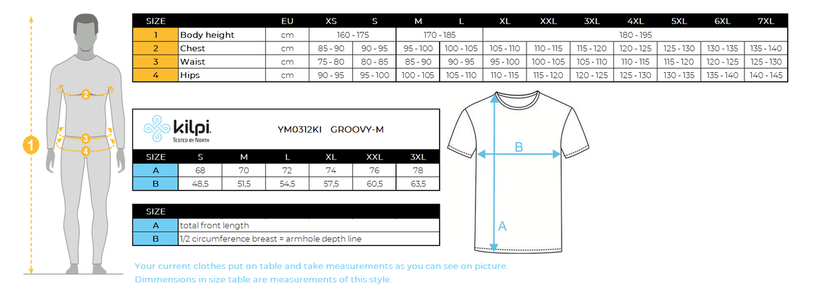 T-shirt fonctionnel pour hommes Kilpi GROOVY-M pour un style de vie actif – Size chart