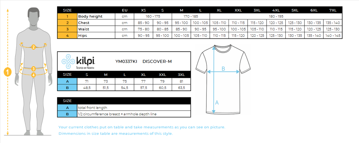 Men's cotton T-shirt with short sleeves Kilpi DISCOVER-M – Size chart