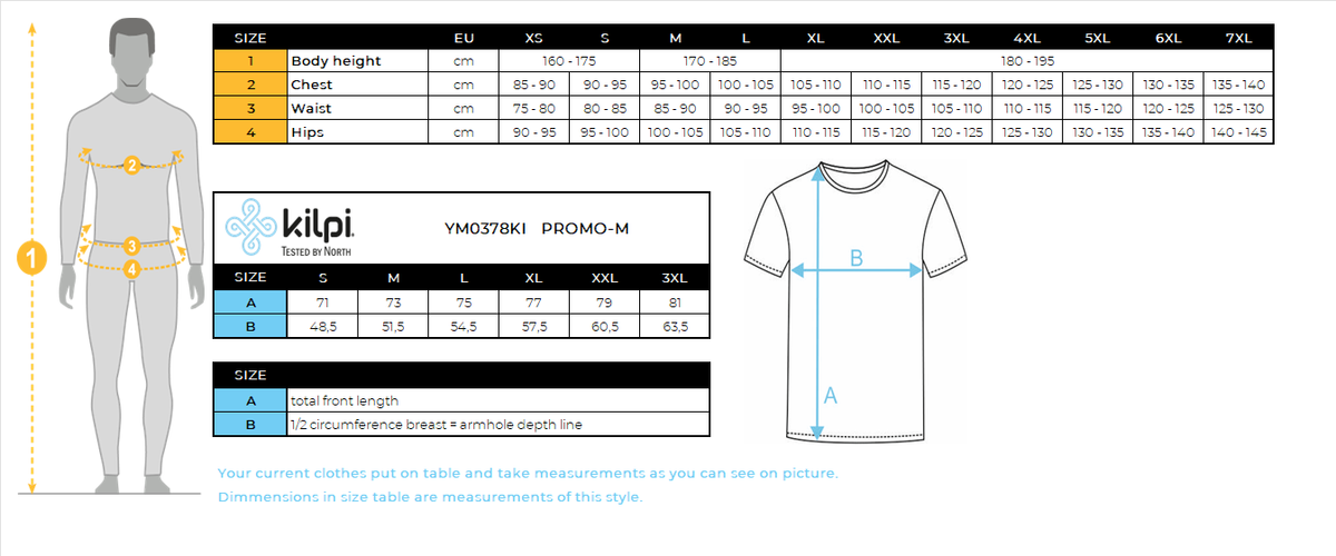 T-shirt en coton pour hommes Kilpi PROMO-M – Size chart