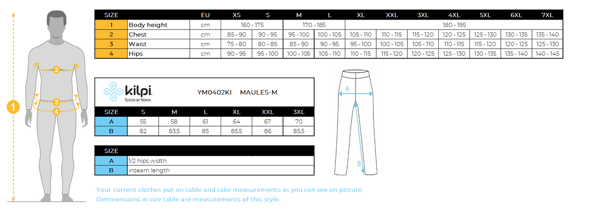 Pantalon imperméable d'urgence homme Kilpi MAULES-M – Size chart