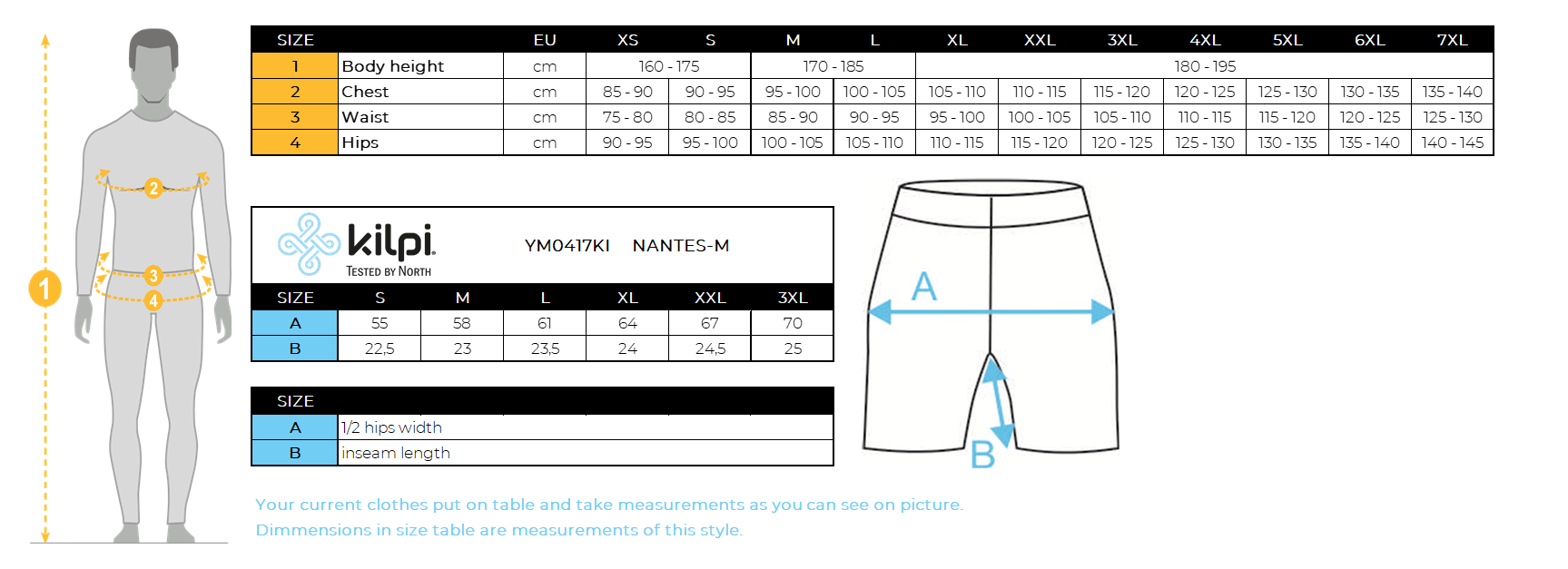 Short fitness homme Kilpi NANTES-M – Size chart