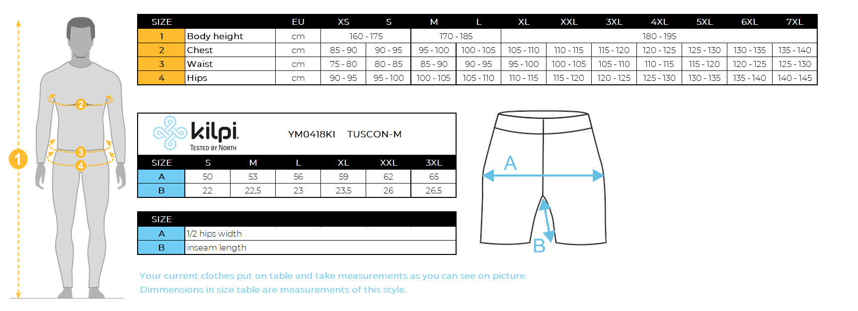 Short en coton pour hommes Kilpi TUSCON-M – Size chart