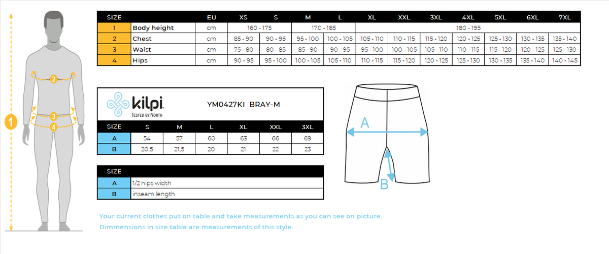 Short fitness homme Kilpi BRAY-M – Size chart