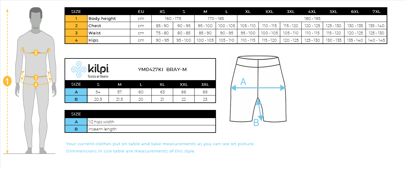 Short fitness homme Kilpi BRAY-M – Size chart