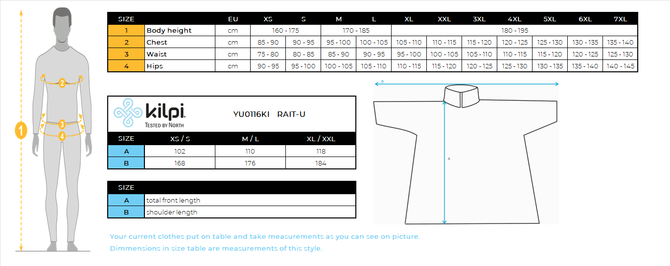 Imperméable unisexe Kilpi RAIT-U – Size chart