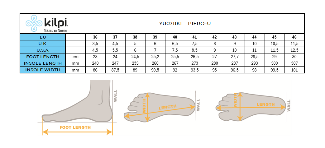 Sandales lifestyle Kilpi PIERO-U – Size chart