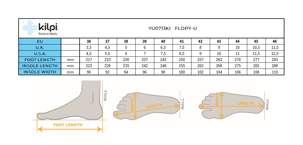 Chaussons unisexe Kilpi FLOPY-U – Size chart