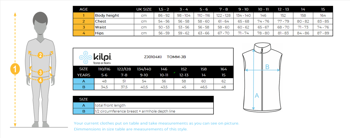 Gilet isolant garçon Kilpi TOMM-JB – Size chart