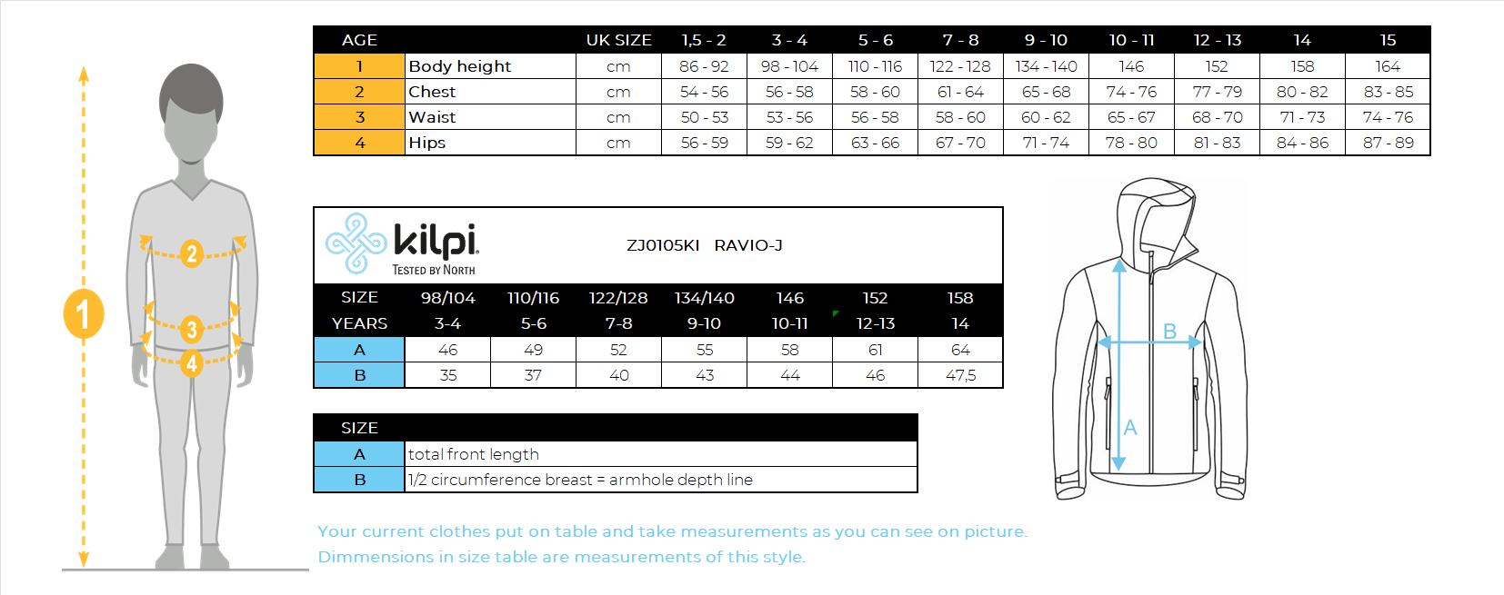Veste softshell enfant Kilpi RAVIO-J – Size chart