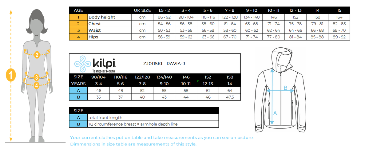 Veste softshell enfant Kilpi RAVIA-J – Size chart