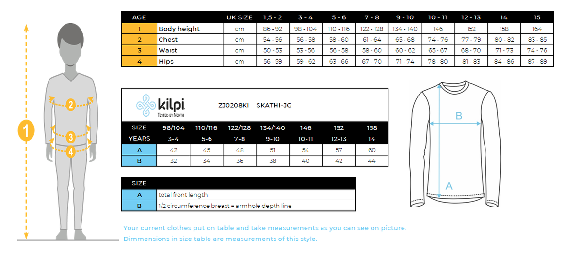 Couche intermédiaire polaire poilue fille Kilpi SKATHI-JG – Size chart