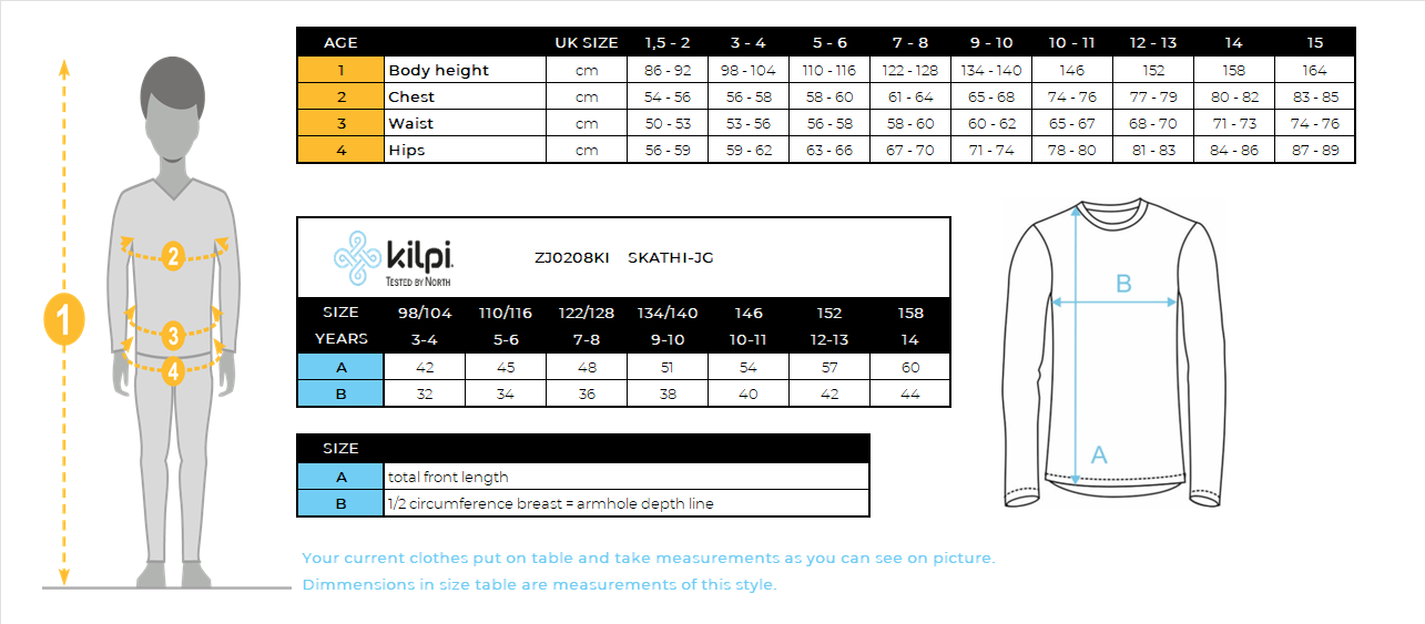 Couche intermédiaire polaire poilue fille Kilpi SKATHI-JG – Size chart