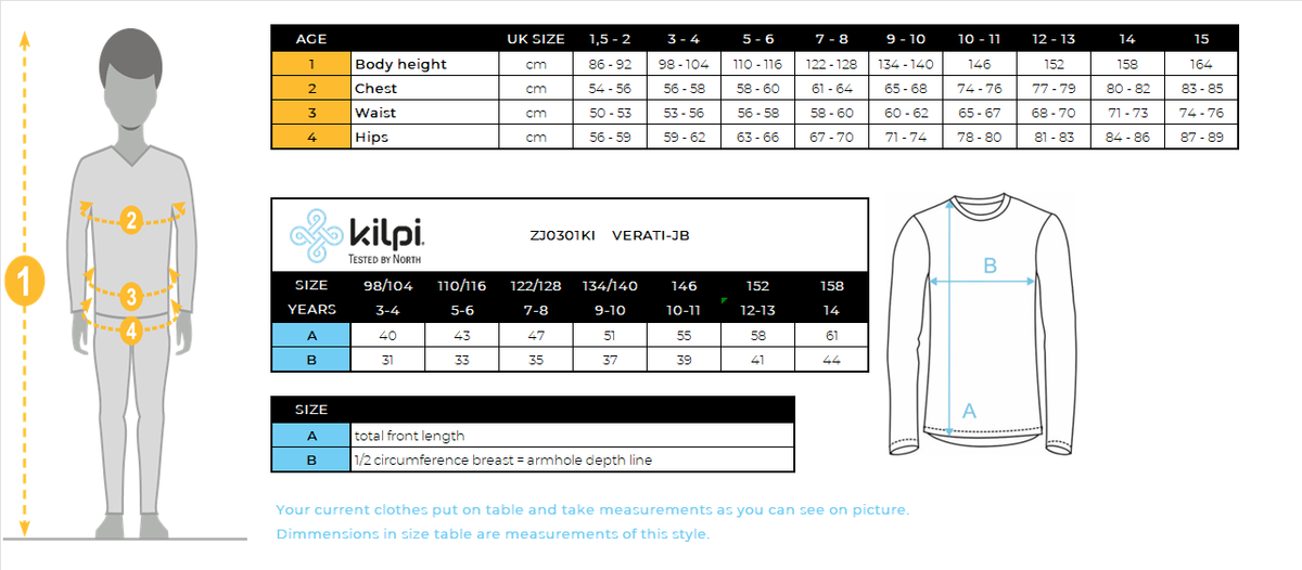 T-shirt manches longues garçon Kilpi VERATI-JB – Size chart