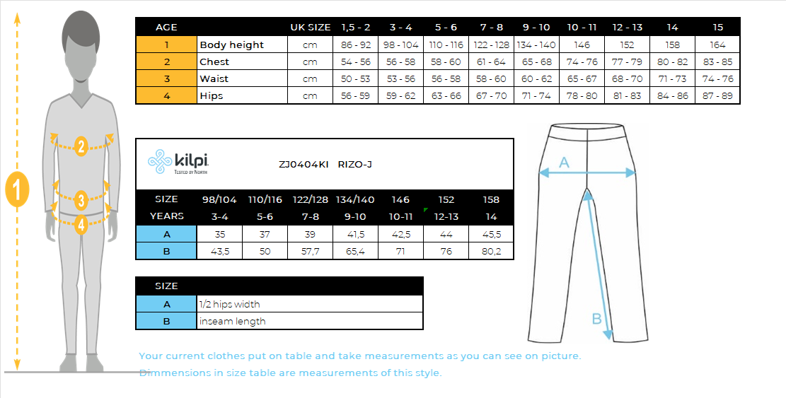 Pantalon outdoor softshell enfant Kilpi RIZO-J – Size chart
