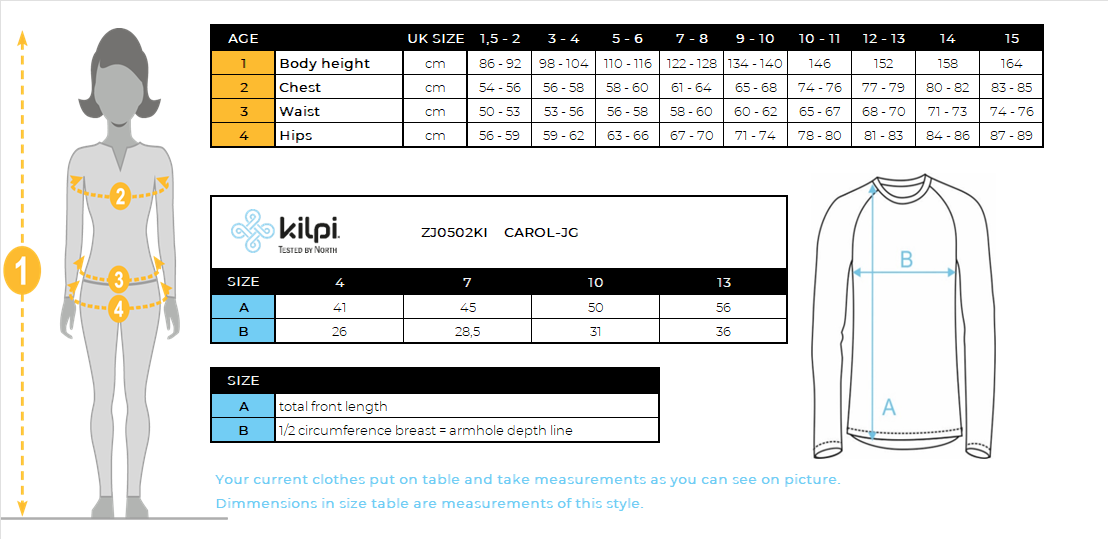 T-shirt thermique sans couture à manches longues fille Kilpi CAROL-JG – Size chart