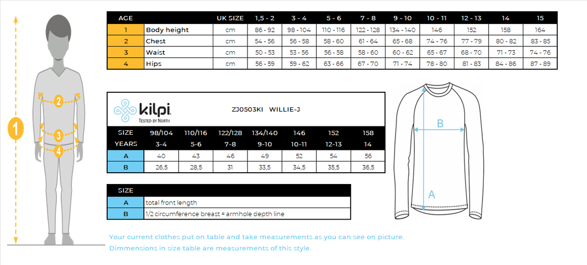 T-shirt thermique enfant manches longues Kilpi WILLIE-J – Size chart
