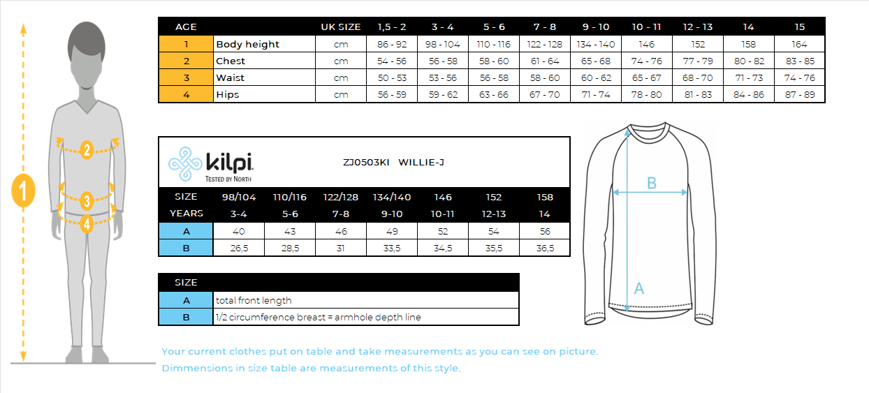 T-shirt thermique enfant manches longues Kilpi WILLIE-J – Size chart
