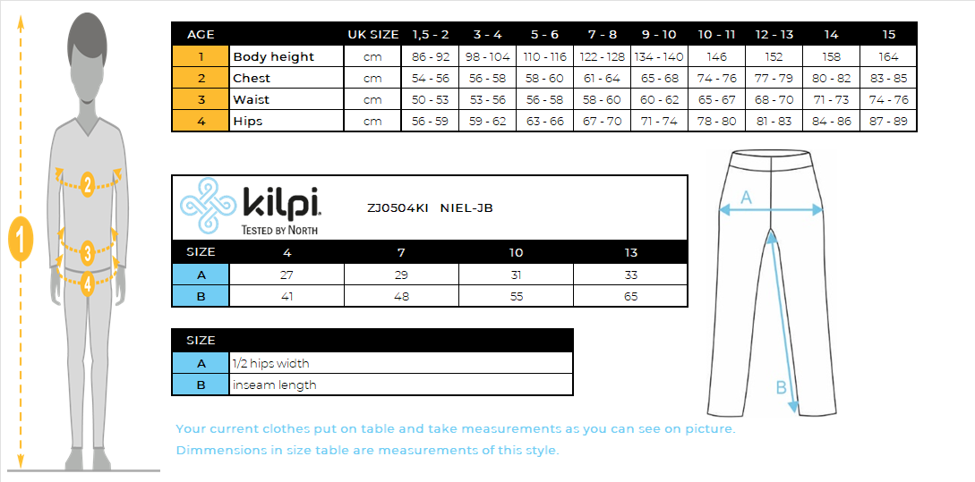 Pantalon thermique sans couture garçon Kilpi NIEL-JB – Size chart