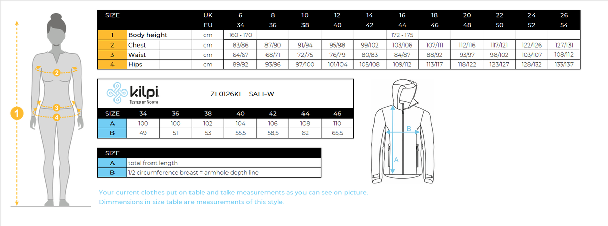 Manteau isolant femme Kilpi SALI-W – Size chart