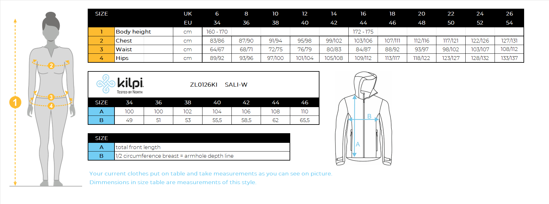 Manteau isolant femme Kilpi SALI-W – Size chart