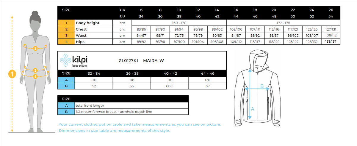 Manteau isolant femme Kilpi MAIRA-W – Size chart