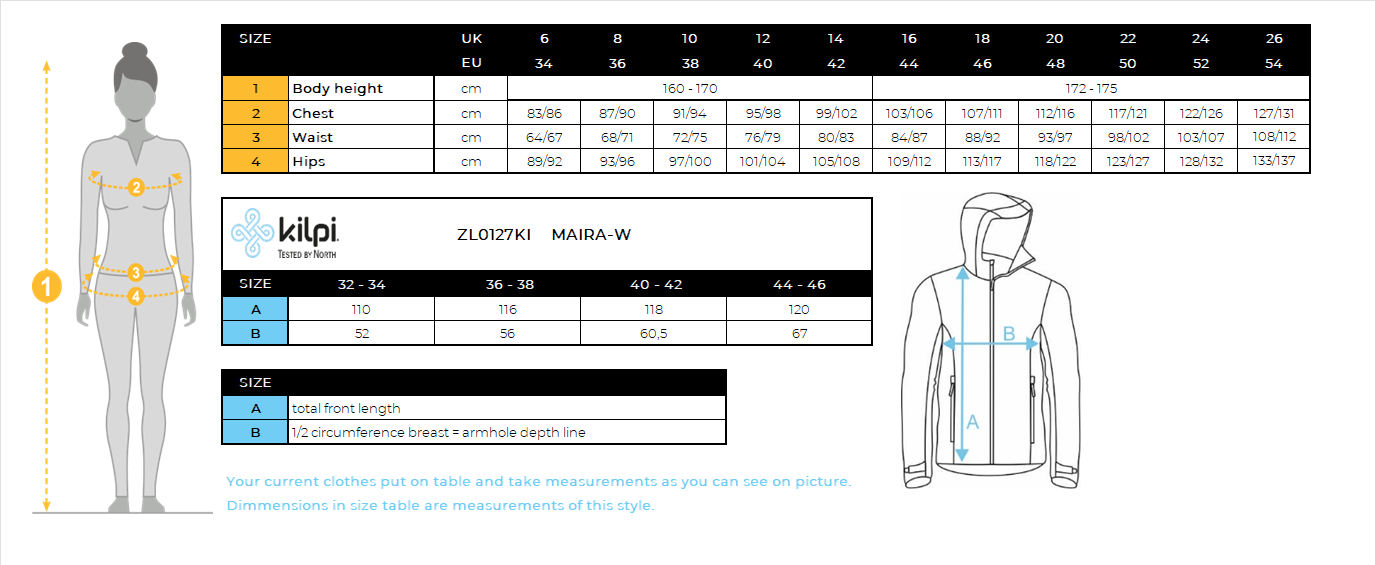 Manteau isolant femme Kilpi MAIRA-W – Size chart