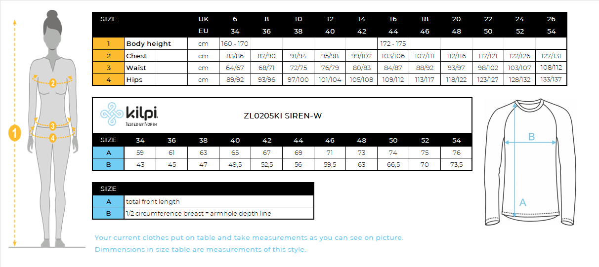 Sweat polaire femme Kilpi SIREN-W – Size chart
