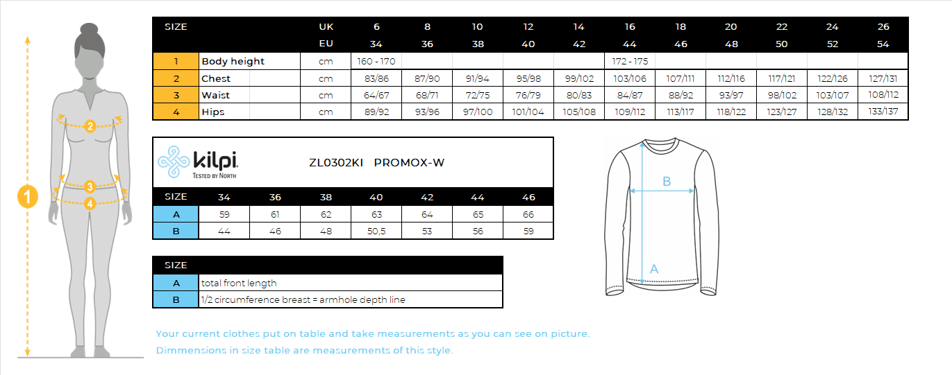 T-shirt femme en coton à manches longues Kilpi PROMOX-W – Size chart