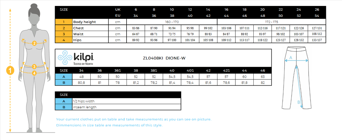 Pantalon de ski softshell femme Kilpi DIONE-W – Size chart